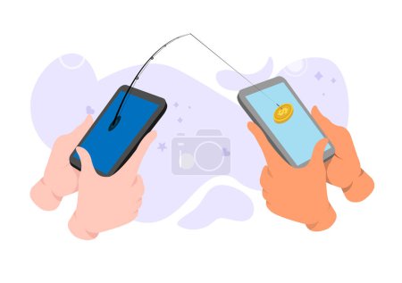 Ilustración de Los hackers utilizan su teléfono móvil para robar su información bancaria electrónica, similar a los métodos de pesca. ilustración vectorial - Imagen libre de derechos