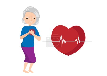Alte Frau hält ihre Brust mit Herzinfarkt Zeichen isoliert auf weißem Hintergrund. Konzept der Herzschmerzen, Symptom von Herzkrankheiten, Risiko für ältere Menschen, Gesundheit und Medizin. Flache Vektorabbildung.