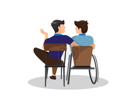 Téléchargez les illustrations : Ami physique parfait Avec un ami handicapé dans un fauteuil roulant, passer du temps de qualité ensemble dans le parc. Parler et rire ensemble Illustration vectorielle - en licence libre de droit