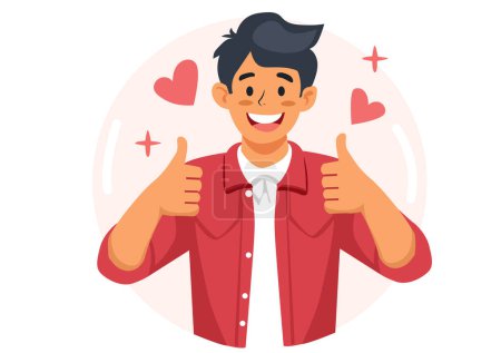 A friendly looking young man gave both thumbs up. Express your gratitude. Vector illustration