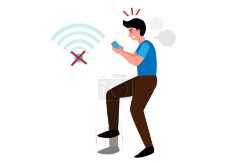 Young man very angry because of his phone Can't connect to the internet Vector illustration