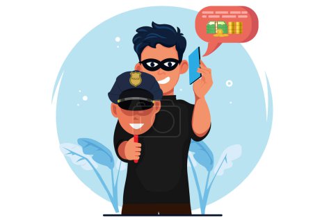 Illustration for Scammers impersonate police to defraud and transfer victims' money into their personal accounts. Vector illustration - Royalty Free Image