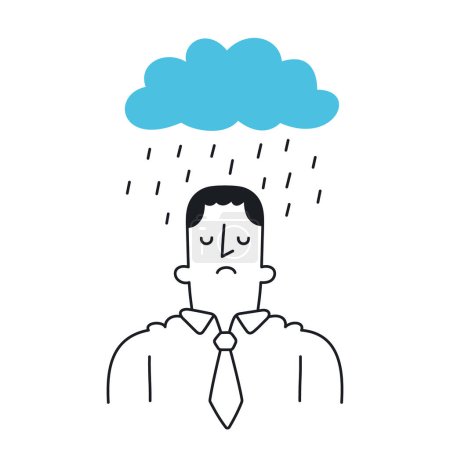 Sad businessman with rain cloud above his head. Bad mood, depressive thoughts, disappointment. Outline, linear, thin line, doodle art. Simple style with editable stroke.