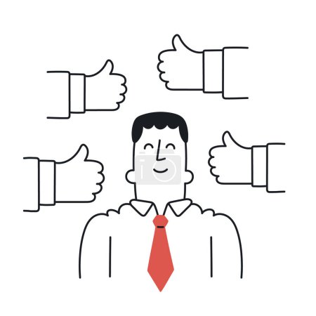 Businessman surrounded by thumb up signs. Positive feedback, job promotion, good work.Outline, linear, thin line, doodle art. Simple style with editable stroke.