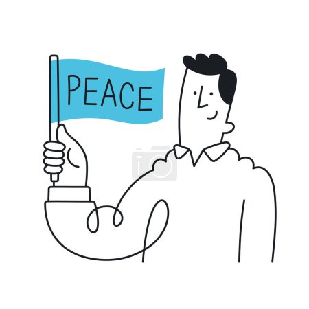 Téléchargez les illustrations : Un homme heureux tenant un drapeau de paix. contour, linéaire, ligne mince, art doodle. Style simple avec trait modifiable. - en licence libre de droit