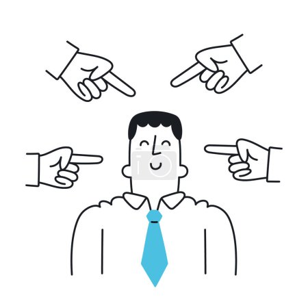 Illustration for Happy man surrounded by hands pointing at him with fingers. Amazing confidence, carefree person, positive carelessness, . Outline, linear, thin line, doodle art. Simple style with editable stroke. - Royalty Free Image