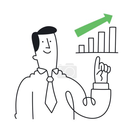 Illustration for Confident Businessman Points at Growth Chart - Doodle style with an editable stroke. - Royalty Free Image