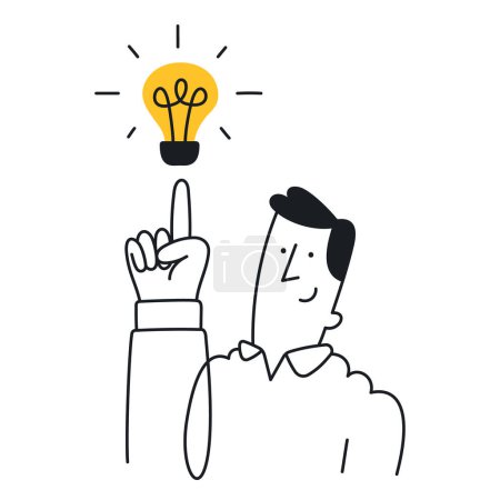 Réalisation d'idées novatrices - Un homme avec une ampoule. Style Doodle avec une frappe modifiable.