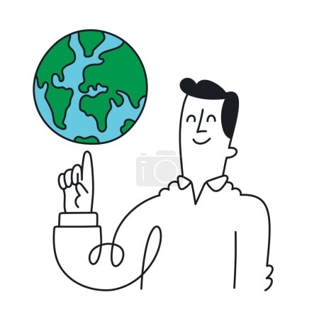 Eco-Friendly Thinker: A Man Contemplating the Earth - Doodle Style with an Editable Stroke.