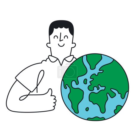 Happy Guy, der die Erde umarmt. Environmental Care and Unity - Doodle-Stil mit editierbarem Strich.
