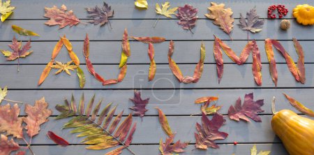 Téléchargez les photos : Mot automne est disposé sur une table de feuilles multicolores tombées. Bonjour, Automne. belles feuilles multicolores colorées lumineuses. focalisation sélective. vue d'en haut - en image libre de droit