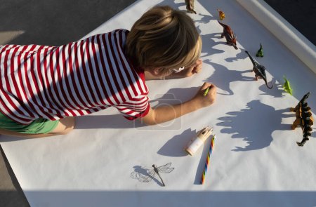 en un día soleado, el niño rodea las sombras contrastantes de los juguetes de dinosaurios. creatividad de un niño en edad preescolar, un niño en edad escolar, ideas para la creatividad de los niños. entretenimiento en casa de vacaciones