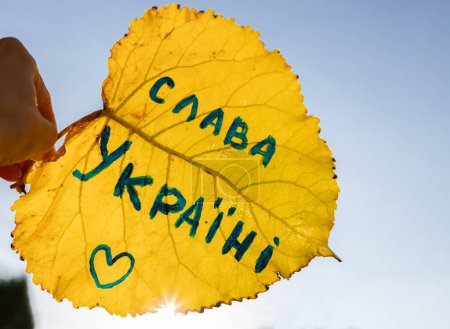 Téléchargez les photos : Feuille d'automne jaune ensoleillée avec une inscription en ukrainien traduit en gloire anglaise à l'Ukraine contre d'un ciel bleu sans nuages. automne humeur positive, arrêter la guerre. J'adore l'automne et l'Ukraine - en image libre de droit