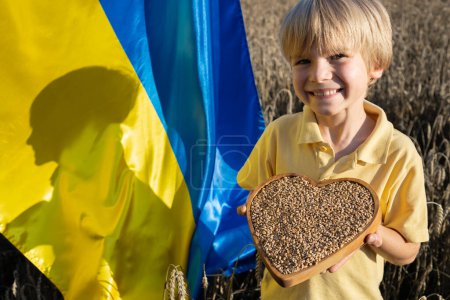 boy with heart-shaped plate full of ripe grains in wheat field on sunny day. next to him is Ukrainian flag. pride, national symbol of the country. Stop war in Ukraine. Independence Day. grain export