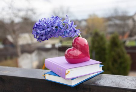 delicate large hyacinth flower in a heart-shaped vase on two books outdoor. Hi spring. digital detox. recreation, book reading love concept, flower surprise