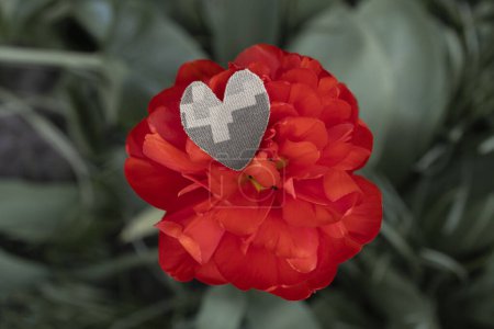 auf großer roter Blume liegt ein aus Tarnstoff geschnittenes Herz für Militäruniformen. Schluss mit dem Krieg. Mit Liebe und Dankbarkeit gegenüber den Soldaten der Streitkräfte. Symbol des Gedenkens an im Krieg gefallene Soldaten