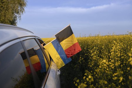 flags of Ukraine and Germany hang from the car window against of a blooming rapeseed field and sky. The concept of cooperation and partnership between two European countries. Support for Ukraine
