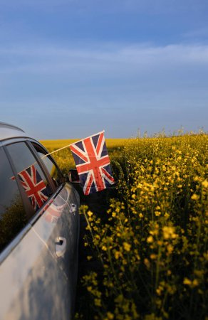Europa mit dem Auto bereisen. Das Auto fährt geländegängig durch ein blühendes gelbes Rapsfeld. Eine britische Flagge ragt aus dem Fenster. Nationales Symbol für Freiheit und Unabhängigkeit