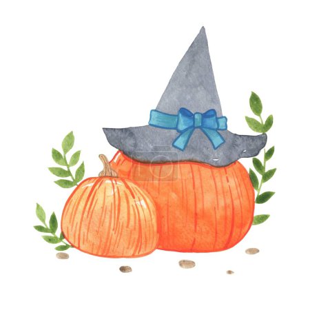 Photo for Pumpkin with magicians hat and bunch of leaf watercolor illustration for decoration on Halloween festival. - Royalty Free Image