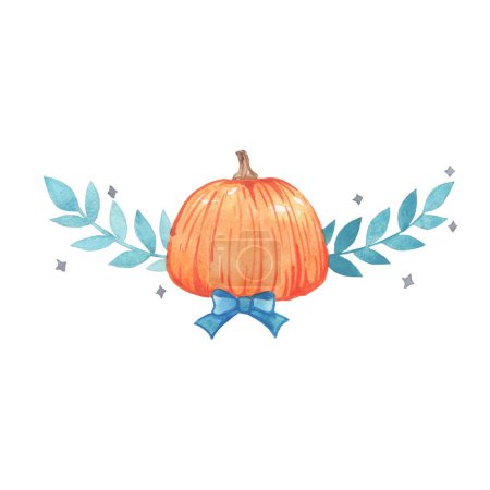 Photo for Pumpkin, bow , bunch of leaves and glitter ster border watercolor illustration for decoration on Halloween and Thanksgiving festival. - Royalty Free Image