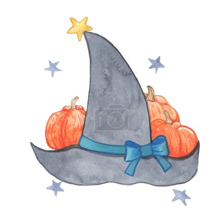 Photo for Magician hat with pumpkin and dark star watercolor illustration for decoration on Halloween festival. - Royalty Free Image