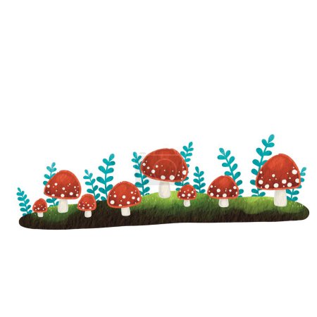 Téléchargez les photos : Champignon rouge sur sol mos avec brunch de fougère aquarelle illustration pour la décoration sur scènes naturelles et paysage. - en image libre de droit