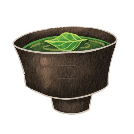 Grüner Tee in traditioneller japanischer Teetasse mit Teeblatt-Illustration zur Dekoration auf Teezeremonie, Matcha und Getränkekonzept.