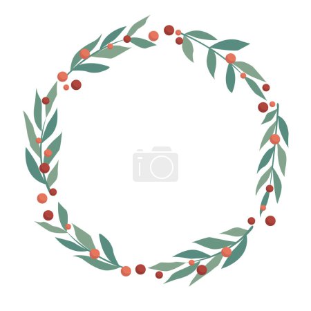 Téléchargez les illustrations : Brunch de feuilles vertes avec couronne de baies rouges pour la décoration pendant les vacances de Noël et concept saisonnier de printemps. - en licence libre de droit