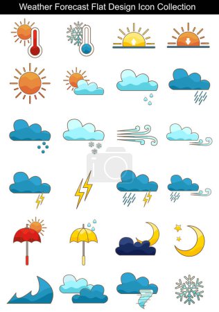 Téléchargez les photos : Nuageux, soleil, pluie, vent, neige, coucher du soleil, lever du soleil, température, tempête et lune illustration de l'icône du design plat. - en image libre de droit