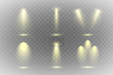 Ilustración de Set de proyectores aislados sobre fondo transparente. Efecto de luz brillante vectorial con rayos y haces de oro - Imagen libre de derechos