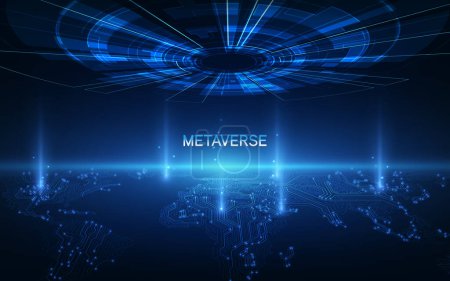 Illustration for Metaverse, virtual reality, augmented reality and blockchain technology, user interface 3D experience. Word metaverse with world map globe in futuristic environment background. - Royalty Free Image