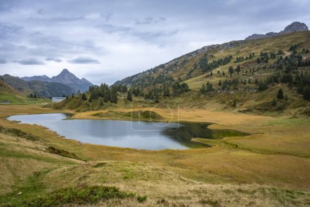 Téléchargez les photos : Promenade le long du magnifique lac de montagne Kalbelesee dans les Alpes à Hochtannberg avec des plantes colorées dans le Vorarlberg, Autriche - en image libre de droit