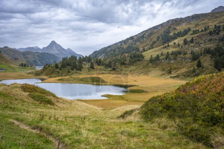 Foto de Caminando por el maravilloso lago de montaña Kalbelesee en los Alpes de Hochtannberg con coloridas plantas en Vorarlberg, Austria - Imagen libre de derechos