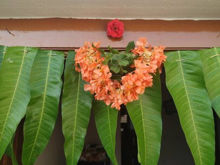 Téléchargez les photos : Gros plan de pétard magnifiquement décoré ou Kanakaambara Fleur et feuilles de mangue Toran devant la porte d'entrée pendant la saison des festivals - en image libre de droit