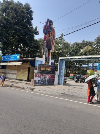Photo for Bangalore, Karnataka, India-Oct 19, 2023: Closeup of Kannada legendary actor Hat-trick Hero Shiva Rajkumar Ghost movie cutout in front of the theatre. - Royalty Free Image