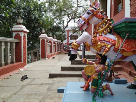 Closeup of beautiful and colorful wooden animals statue for lord or god statue placing stage in the utsava during festival.