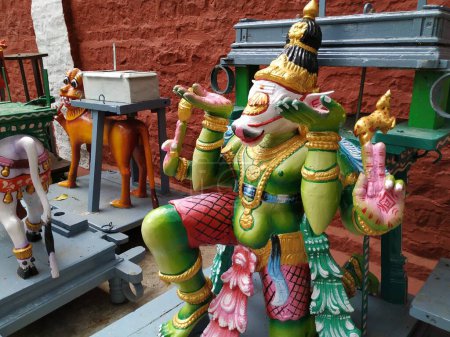 Closeup of beautiful and colorful wooden animals statue for lord or god statue placing stage in the utsava during festival.