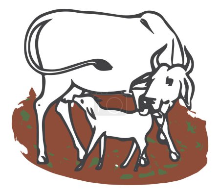 Illustration for Drawing or Sketch of Indian Domestic Cow and Calf editable outline illustration. - Royalty Free Image