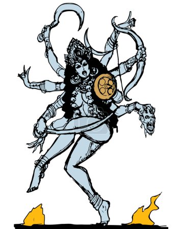 Sketch of Hindu Goddess Durga or Kali Mata Outline Editable Illustration