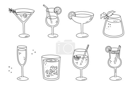 Alcoholic cocktails set, long drink beverages for holiday celebrating. Use for decorating design festive menu. Hand-drawn doodle style. Editable stroke. Isolated.Vector