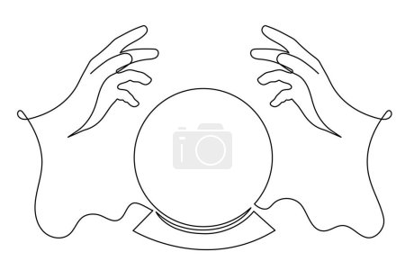 Les mains tiennent la boule de cristal de divination un art de ligne, fortune magiv dessinée à la main racontant contour continu. Concept occulte.Dessin d'art minimaliste. Course modifiable. Isolé. Vecteur