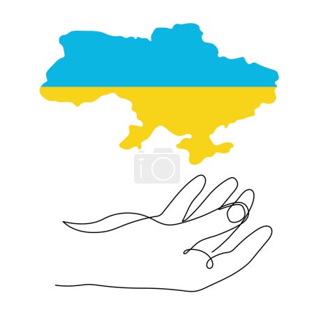 Main tient l'Ukraine carte contour une ligne art, dessiné à la main signe national bleu-jaune de l'indépendance contour continu. Symbole minimaliste de paix et de liberté, dessin d'art. Course modifiable. Isolé