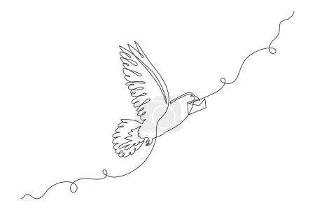 Illustration for Homing-pigeon carries letter, one line art continuous contour. Hand drawn dove with message, doodle bird correspondence concept.Editable stroke.Isolated. Vector - Royalty Free Image
