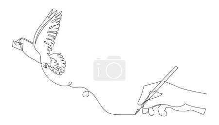 Illustration for Homing-pigeon carries handwritten letter, one line art continuous contour. Hand drawn dove with message, doodle bird correspondence delivery concept.Editable stroke.Isolated. Vector - Royalty Free Image
