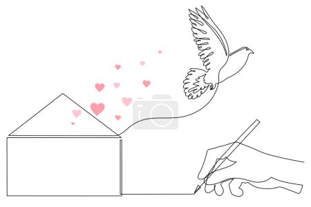 Illustration for Homing-pigeon carries handwritten love letter, one line art continuous contour. Hand drawn dove with romantic message,bird correspondence delivery concept.Editable stroke.Isolated. Vector - Royalty Free Image