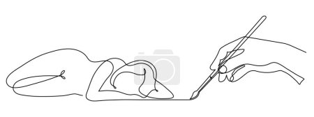 Hand holds brush painting naked woman, one line art template, hand drawn continuous contour.Drawing female body concept.Editable stroke.Isolated.Vector