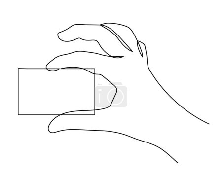 Ilustración de La mano sostiene la tarjeta de crédito, arte de una línea, contorno continuo dibujado a mano.Decoración para el diseño business.Minimalist. Aislado. Vector - Imagen libre de derechos