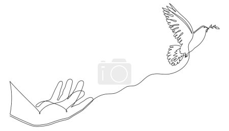 Illustration for Hand with dove of peace and olive branch, one line art continuous contour. Hand drawn palm with pigeon,doodle hope bird sign of freedom and independence.Editable stroke.Isolated. Vector - Royalty Free Image