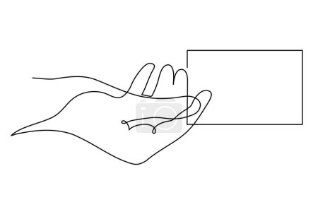Ilustración de La mano sostiene la tarjeta de crédito, arte de una línea, contorno continuo dibujado a mano.Decoración para el diseño business.Minimalist. Aislado. Vector - Imagen libre de derechos