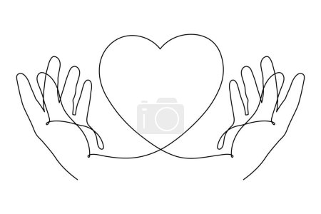 Illustration for Hands with heart one line art,love concept continuous contour drawing,hand-drawn Valentine's day decoration.Romance, engagement and marriage symbol. Editable stroke.Isolated. Vector - Royalty Free Image